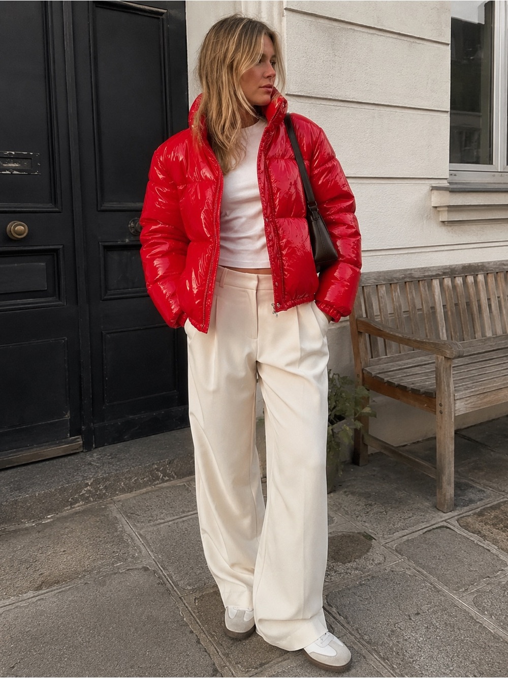 Ambiance Outerwear Red Glossy Cropped Puffer Jacket Y2K Size Small